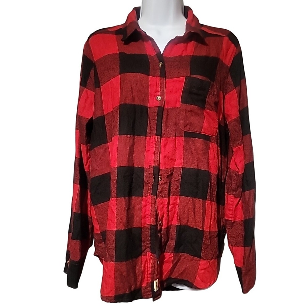 Hollister Womens Red Black Buffalo Plaid Button Down Shirt Long Sleeve Size‎ M